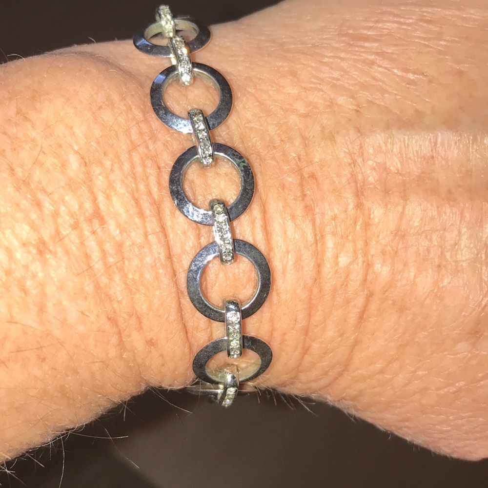 Fossil bracelet, silvertone with clear stones